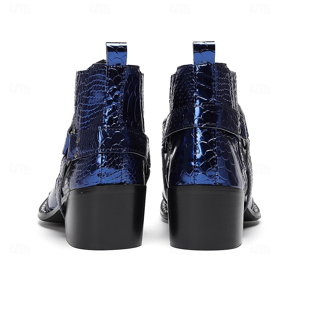 Men's Premium Cowhide Blue Croc Pattern Leather Chelsea Boots, Stylish Harley Motorcycle Boots for Rock Concerts, Parties, Nightclub Fashion and Stage Wear 2026 - $149.99 –P5