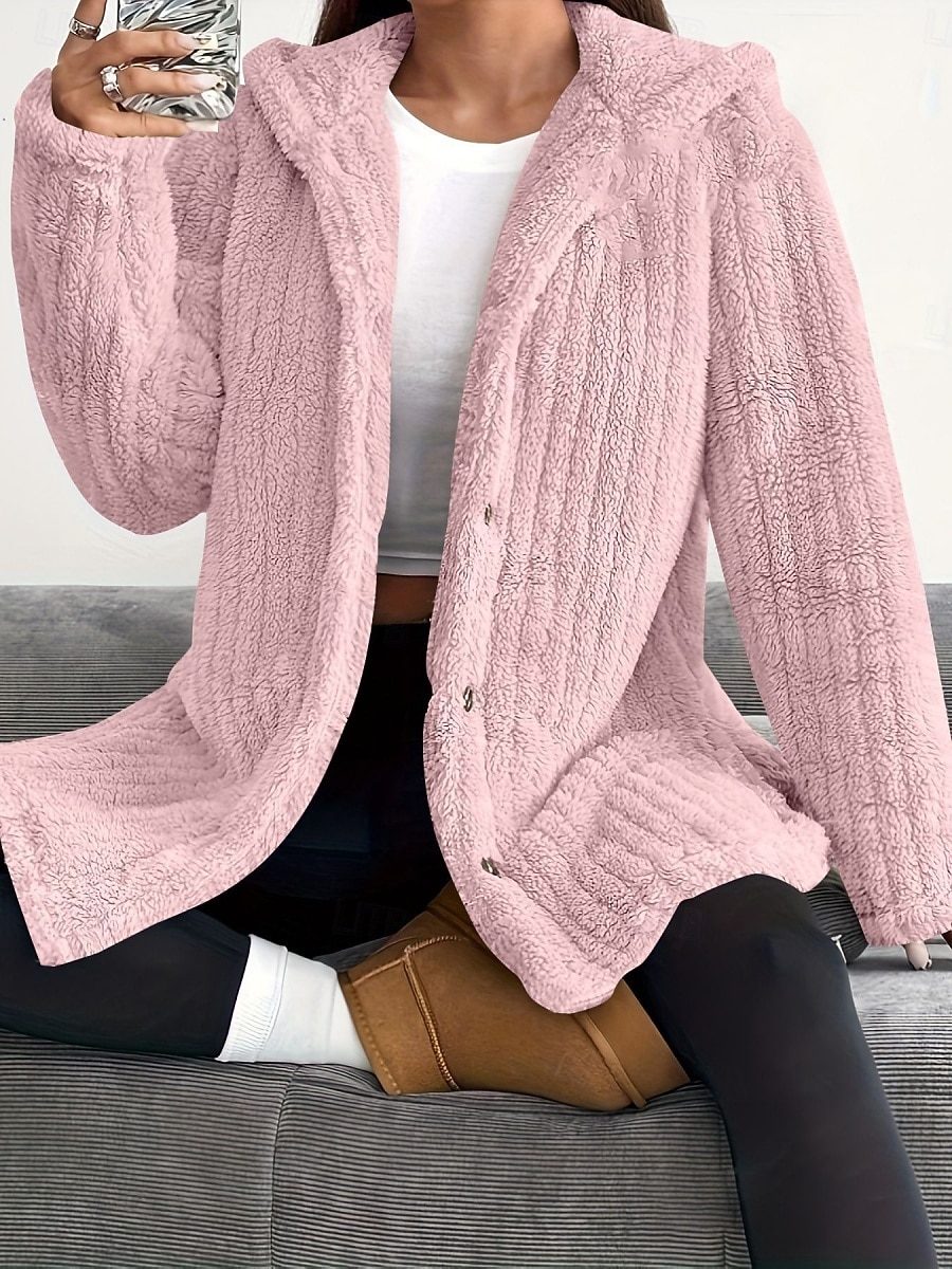Dam Sherpajacka Bekväm Andningsfunktion Ficka Knappar Ledigt Slät Semester Gata Ledigt Dagliga kläder Enkelknäppt Lång Huva Lös passning Långärmad Ytterkläder Svart Rodnande Rosa Rubinrött Vår Höst 2025 - $33.99 –P1