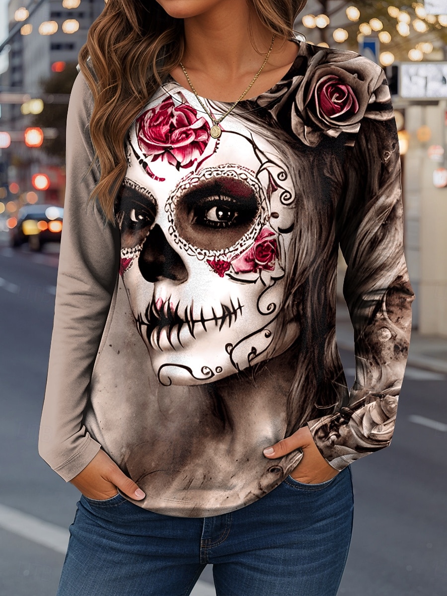 Camiseta Feminina de Halloween Gráfica de Caveiras Moda Casual Manga Longa Gola Redonda Tops Regulares Diário Fim de Semana Impressão Vermelho Azul Roxo Verde Caqui Primavera Outono Inverno de 2026 por $24.99 –P1