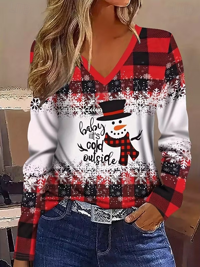 Noël Femmes T-shirt Graphique Bonhomme de neige ancien Élégant Classique manche longue Col en V Hauts Réguliers Quotidien Imprimé Gris / Rouge Noir + blanc + rouge Noir Vin Rouge Printemps Automne de 2025 ? $26.99 –P2