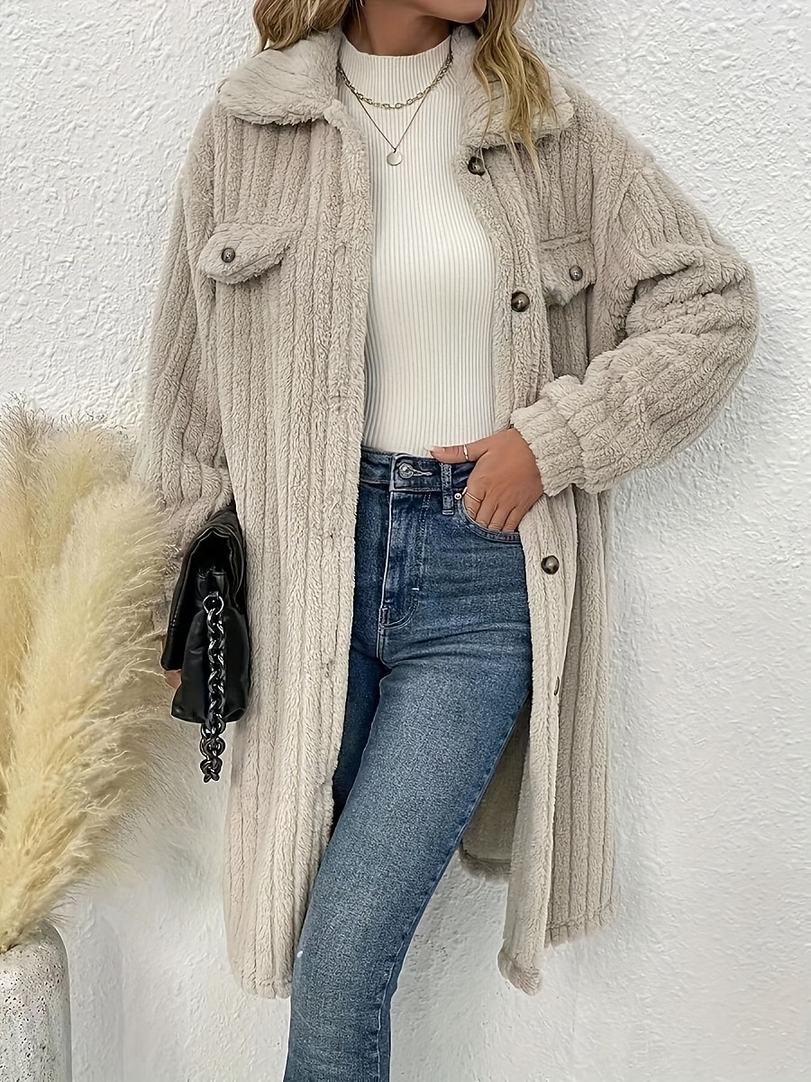 Mujer Abrigo de invierno Chaqueta de sherpa Cómodo Transpirable Bolsillo Botones Casual Plano Vacaciones Calle Casual Ropa Cotidiana Botonadura Simple Largo Cuello Vuelto Ajuste regular Manga Larga 2025 - $36.99 –P3