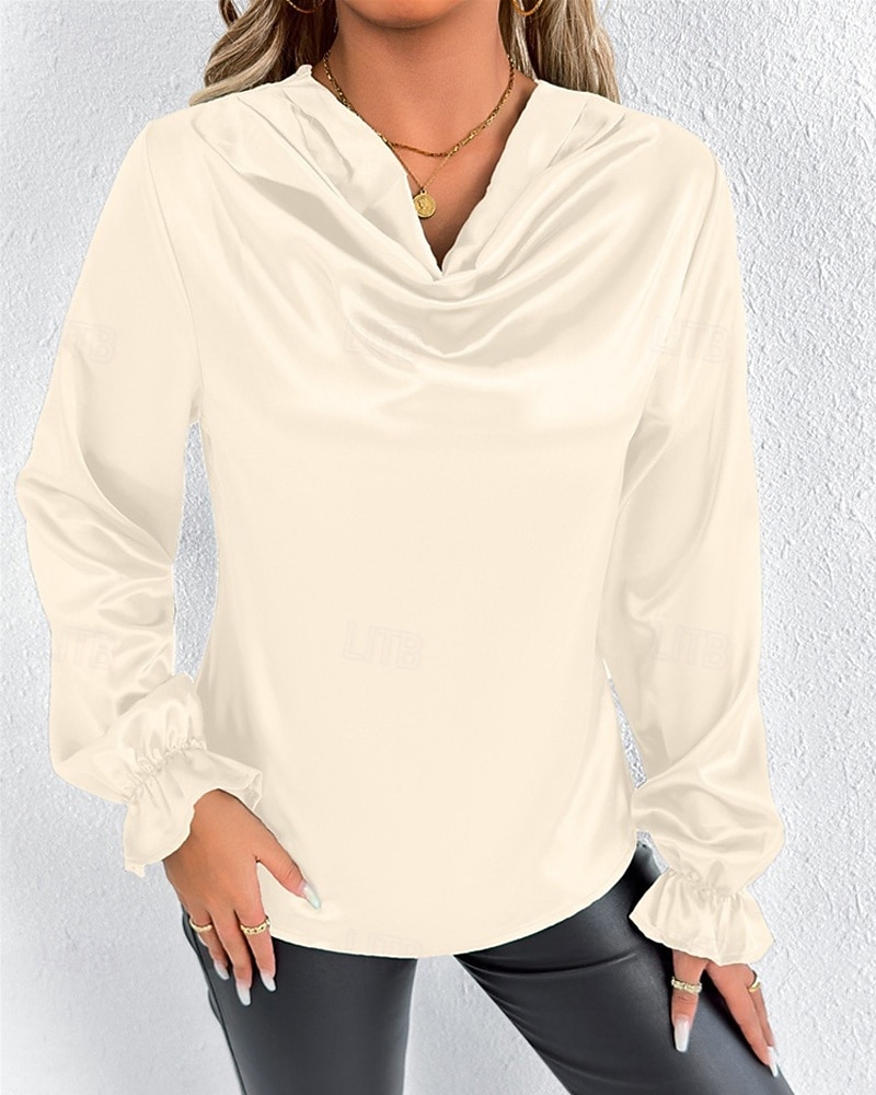 Жен. Рубашка Elegant Нарядный Атласный верх Драпировка Сплошной цвет Стиль На каждый день Длинный рукав Вырез-хомут Обычные топы Повседневные На выход Черный Розовый Зеленый Абрикосовый Весна Осень 2026 - $27.99 –P23