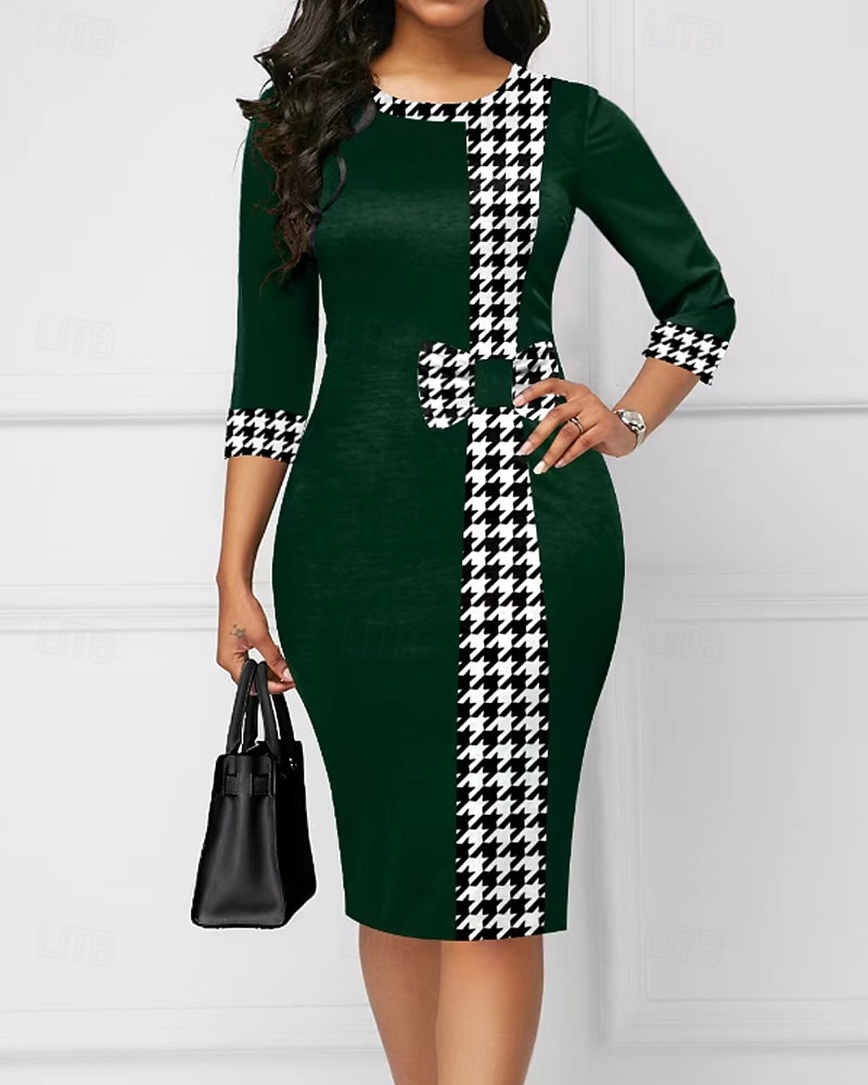 Femmes Robe Midi Moulant Mode Moderne Bureau Sortir Coupe régulière Pied-de-poule Manche 3/4 Col ras du cou Noir Vin Vert Bleu de minuit Printemps Automne de 2025 ? $21.99 –P2