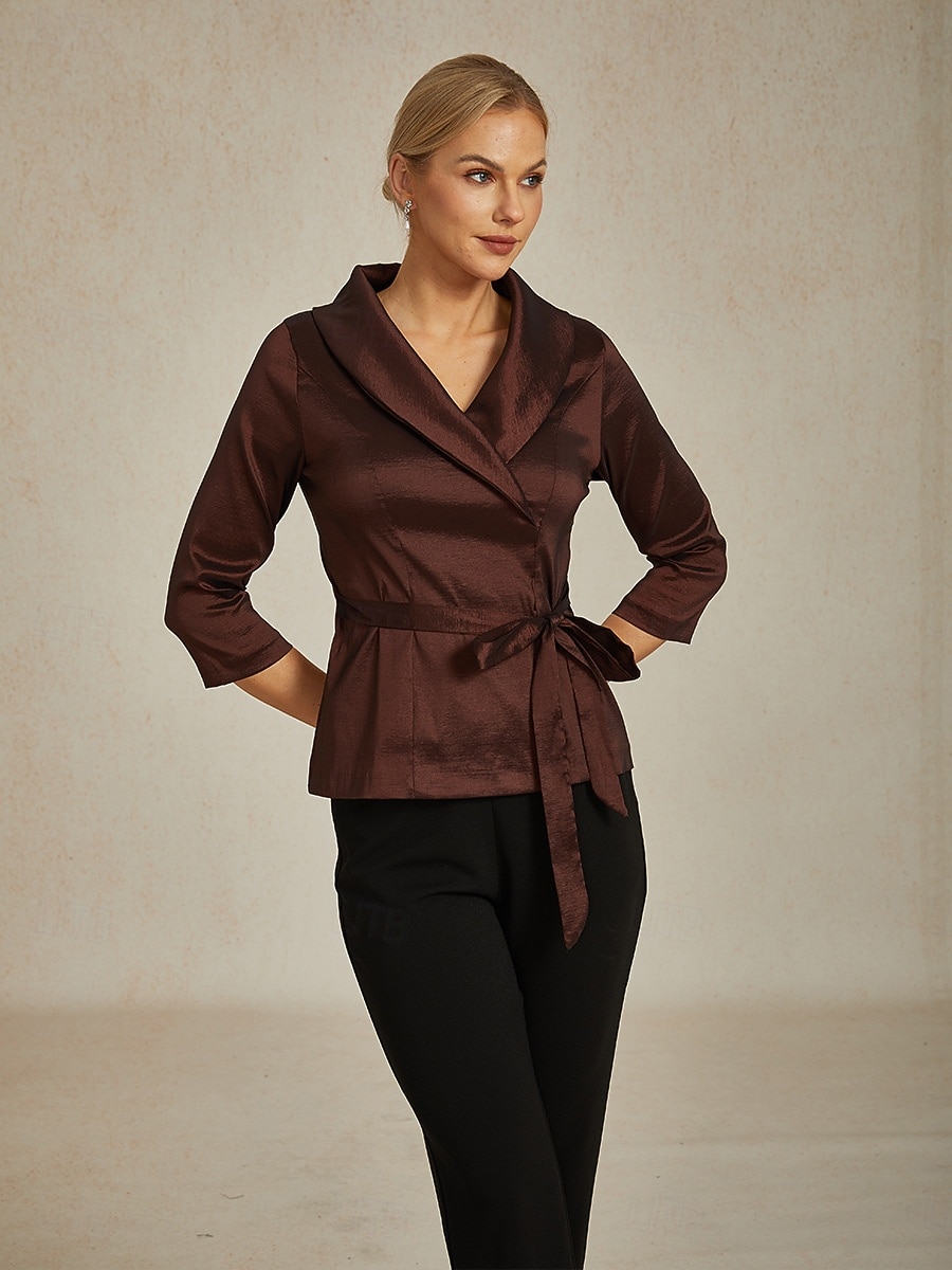 Femmes Chemisier Hauts de soirée Élégant Métallique Moderne Manche 3/4 Col en V Hauts Réguliers robe demoiselle d honneur Soirée Semi-Formel Nœud devant Marron Printemps, Automne, Hiver, Été de 2025 ? $79.99 –P6