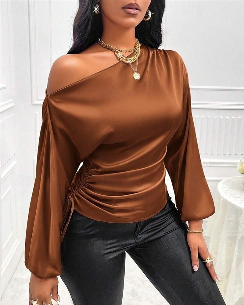 Dames Overhemd Elegant Chic Satijn Effen Elegant Stijlvol Basic Lange mouw koude schouder Normale tops Dagelijks Uitgaan Asymmetrisch Zwart blauw Bruin Groen Zomer Lente Herfst 2025 - $25.99 –P9