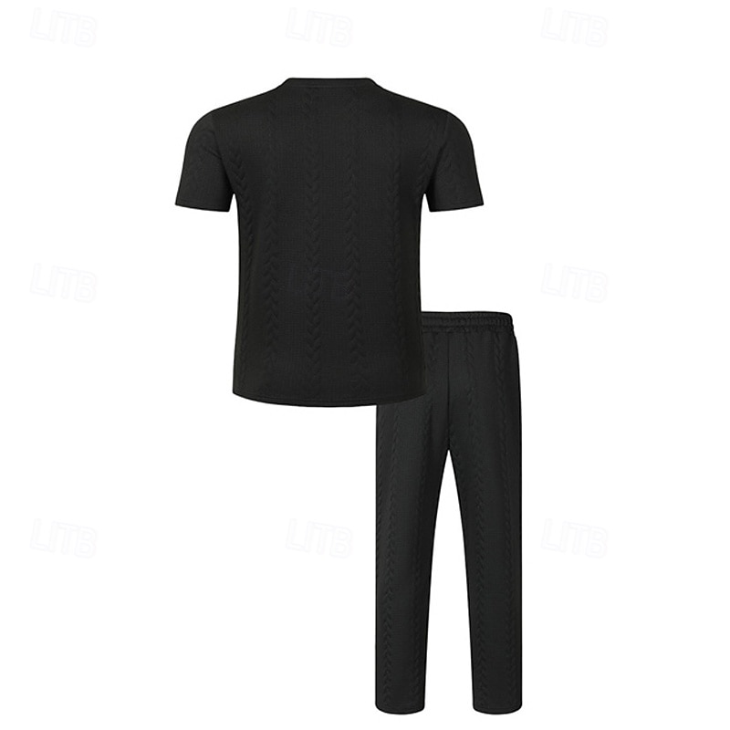 Bărbați Costume de tricou Seturi de cămașă și pantaloni tinute 2 piese Manșon scurt Crewneck Vară Primăvară Simplu Modă Casual Jacquard 2 bucăți Vacanță Purtare Zilnică Ieșire Negru Alb Kaki Top 2026 - $34.99 –P12