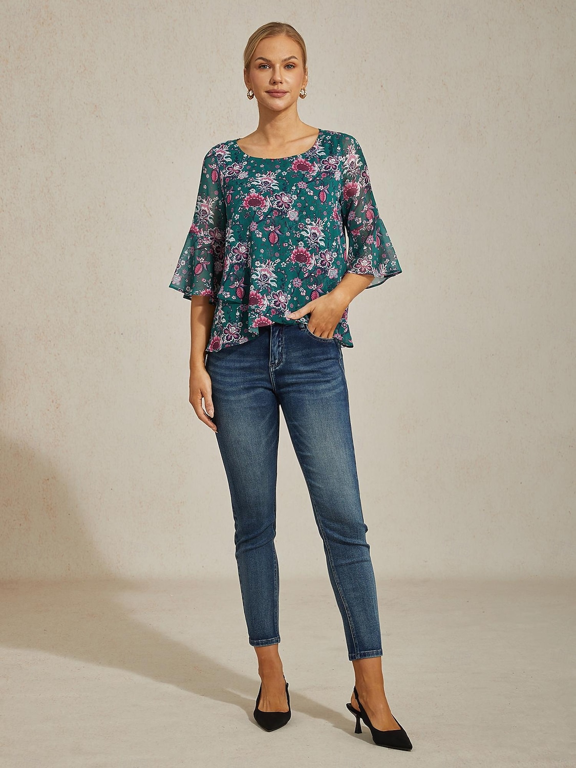 Femminile Floreale Casuale Verde Stampa Manica 3/4 Elegante Il giro Estate Primavera Autunno del 2025 a $61.99 –P3