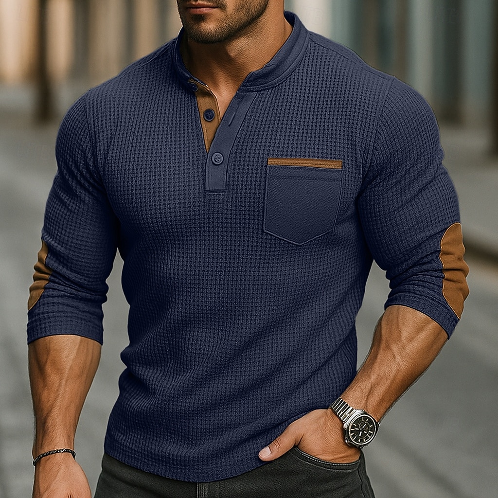 Herren Waffel-T-Shirt Waffel-Henley-Hemd Langarm Stehkragen Frühling & Herbst Ganzjahres Einfarbig Mode Basic Lässig Taschen Falscher Zweiteiler Straße Lässig Sport Schwarz Marineblau Armeegrün Top 2025 - $21.99 –P3