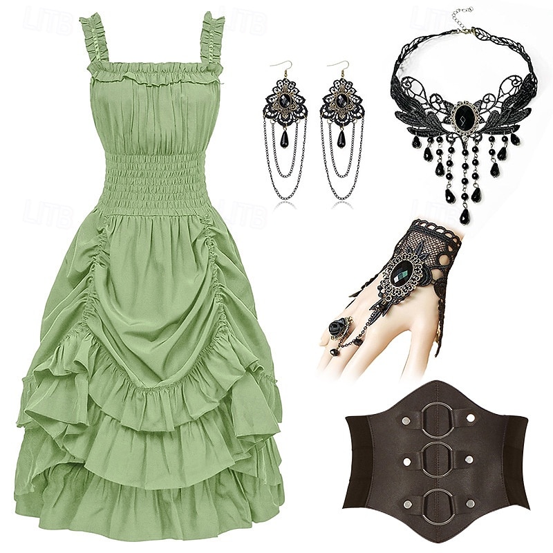 Gotisch Renaissance Steampunk Kleid Zubehörset Gothic Mädchen Kostüm Damen Fantasie Halloween Karneval Leistung Party Renaissance-Messe Erwachsene Kleid Ohrringe Halskette 2025 - $59.99 –P6
