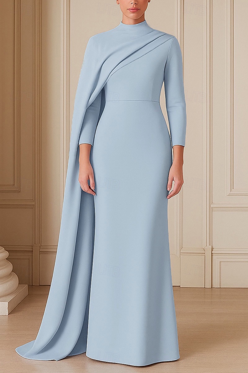 Robe de soirée fourreau/colonne, cape amovible, élégante, robe de soirée, traîne de mariage, manches 3/4, col haut, crêpe extensible avec fronces, 2025 de 2025 ? $139.99 –P1