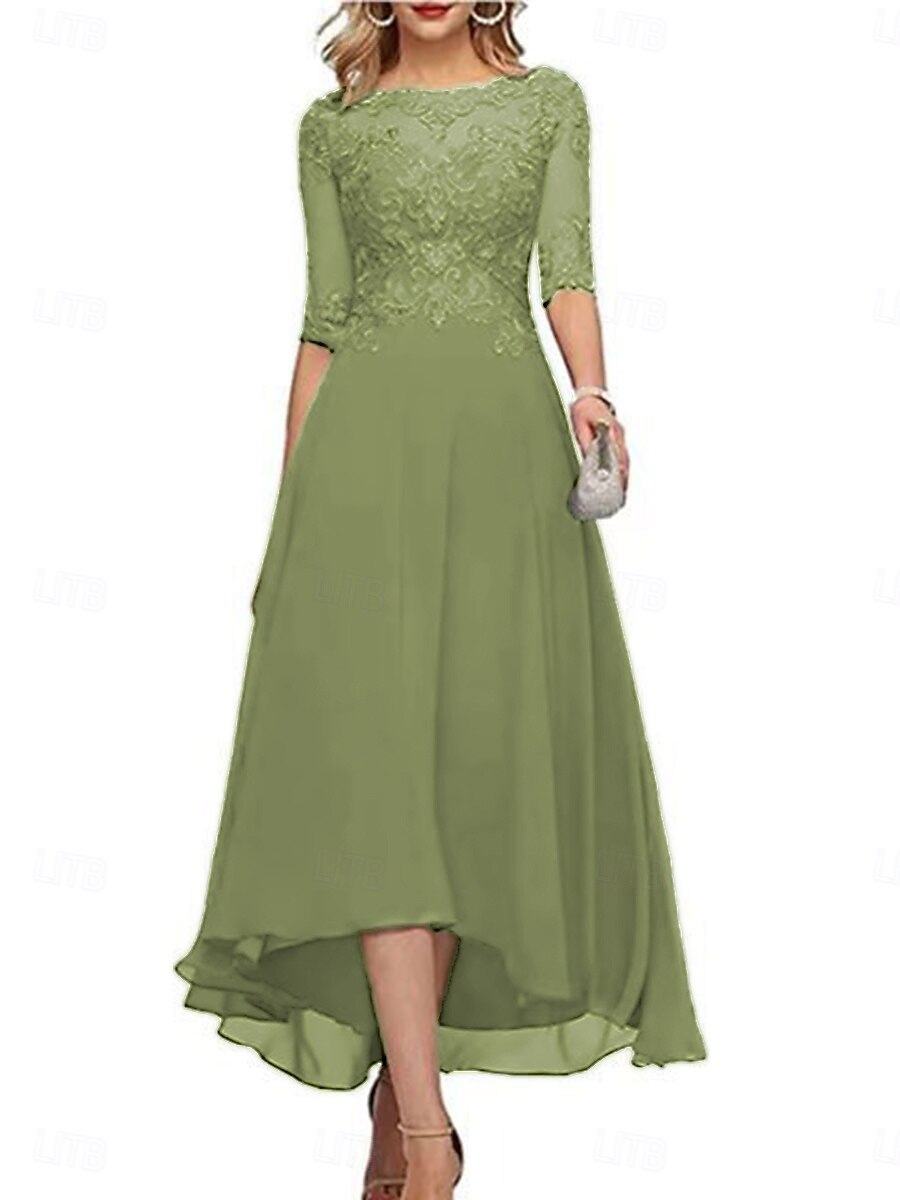 Robe A-Line mère de la mariée invitée de mariage formelle élégante col rond longueur de sol en chiffon à demi-manches avec couleur unie de 2025 ? $139.99 –P15