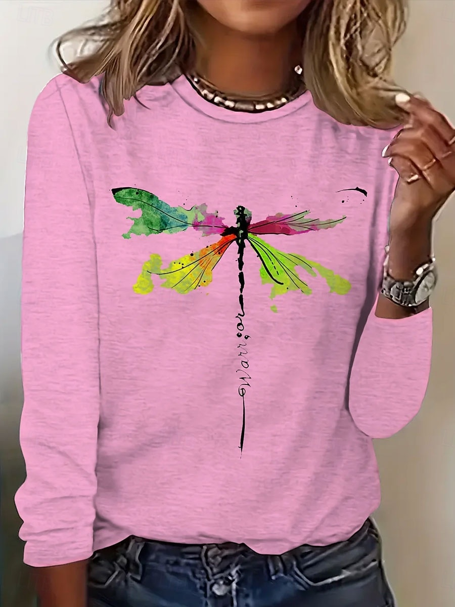 Damen T Shirt Druck Grafik Libelle Vintage Stilvoll Klassisch Langarm Rundhalsausschnitt Normale Oberteile Täglich Blau Rosa Grün Frühling Herbst Winter 2026 - $24.99 –P3
