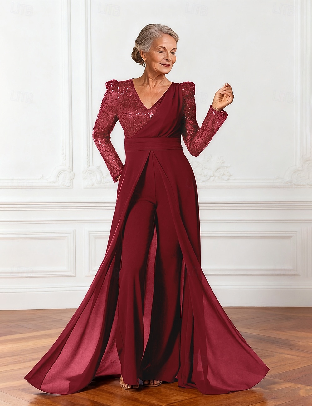 Combinaisons Robe de Mère de Mariée  Élégant Éclat & Brillance Col en V Longueur au sol Chiffon manche longue avec Ceinture / Ruban Paillettes de 2025 ? $169.99 –P3
