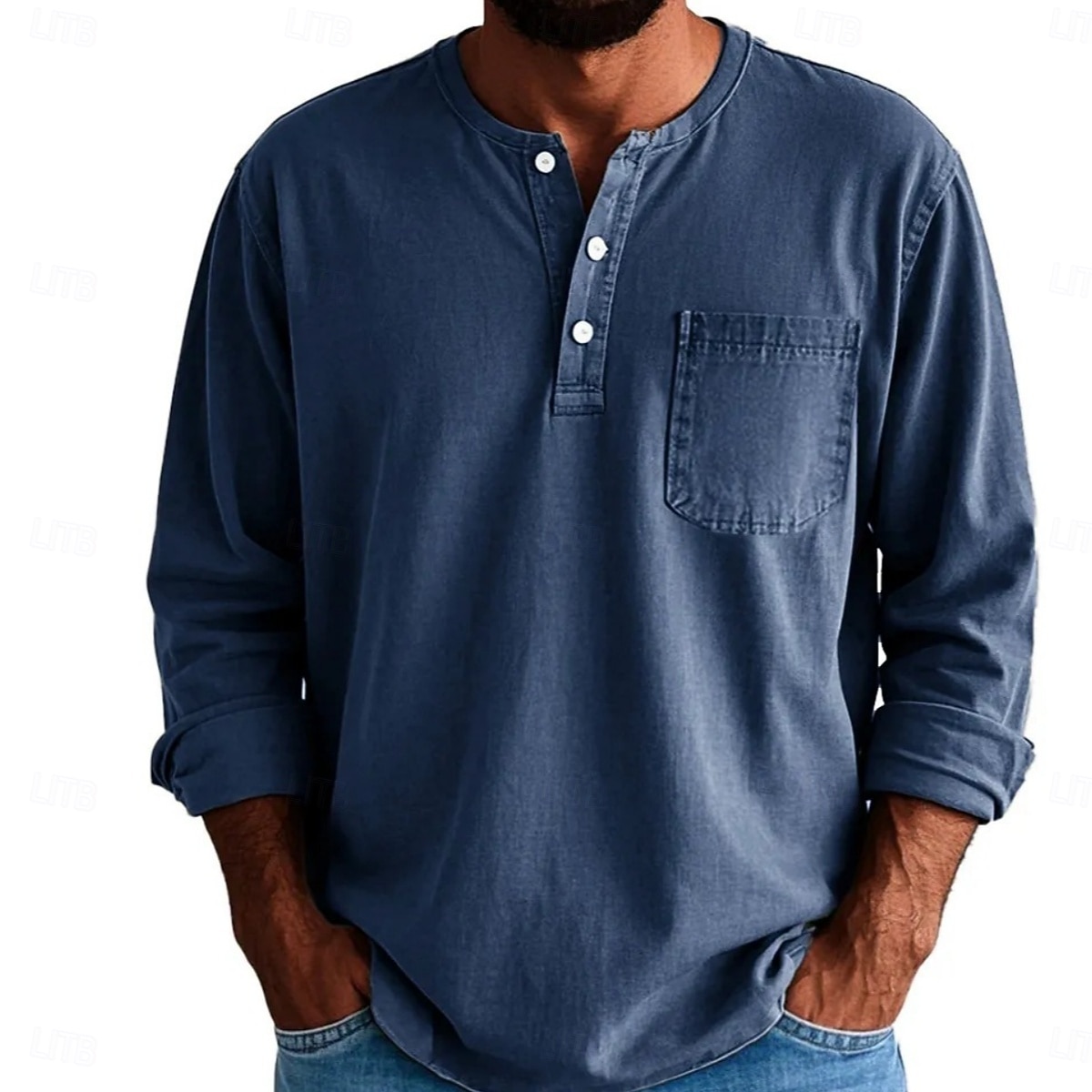 2026年 男性用 ヘンリーシャツ Tシャツ コットン100% アシッドウォッシュシャツ ヘンリートップ 長袖 純色 平織り ヴィンテージ ファッション レトロ風 色褪せた ボタン ヘンリー カジュアル 日常 アウトドア 夏 春 オールシーズン ブルー ダークレッド ブラック ヘンリーTシャツ  コレクション – $31.99 –P8