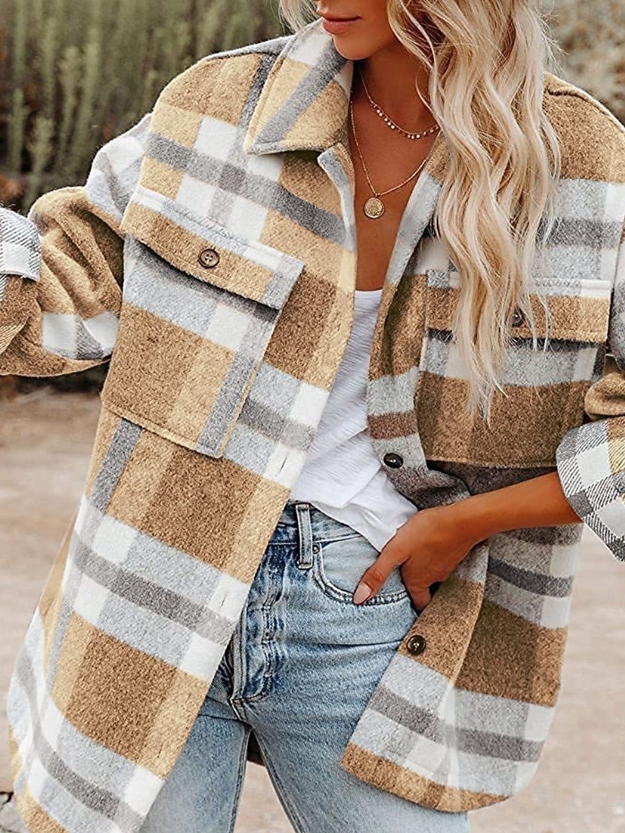 نسائي جاكيت شتوي جاكيت كاجوال مريح متنفس جيب Buttons طباعة كاجوال منقوش عطلة شارع فضفاض مناسب للبس اليومي صدر فردي عادية طوي عادي كم طويل ملابس خارجية أسود أزرق البحرية أخضر الربيع الخريف 2025 - $31.99 –P6