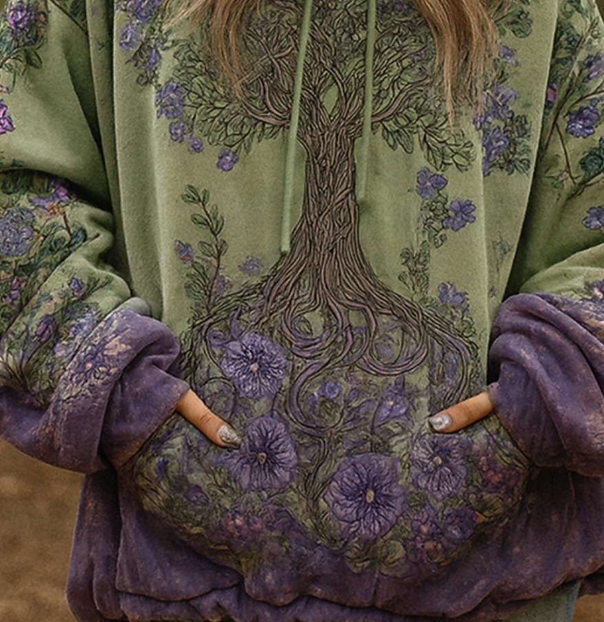 Naisten 3D-printattu vintage boho huppari patchwork kukkahuppari viikinkikuosiset hupparit kukkakuosiset vintage rennot pitkät hihat huppu katupainatussa etutaskussa vihreä kevät syksy talvi 2026 - $28.99 –P3