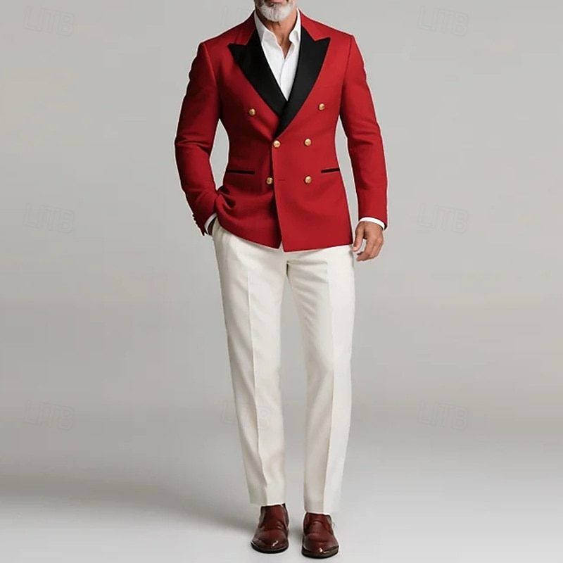 2025年 男性用 ブレザージャケット クロージャーカラー クリスマス ソリッド Blazer ルビーレッド テイラーフィット ダブルブレストの6つボタン  コレクション – $79.99 –P2