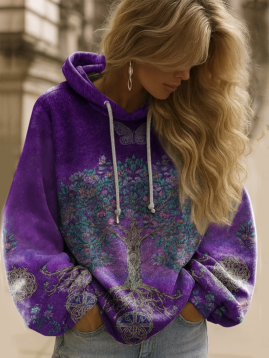 2025年 女性用 プルオーバー フーディー スウェットシャツ フラワー グラフィック エレガント あたたか 活発的 長袖 フード付き レギュラートップス ストリート 日常着 カジュアル パッチワーク プリント イエロー ピンク ブルー ライトパープル パープル 春 秋 冬  コレクション – $26.99 –P7