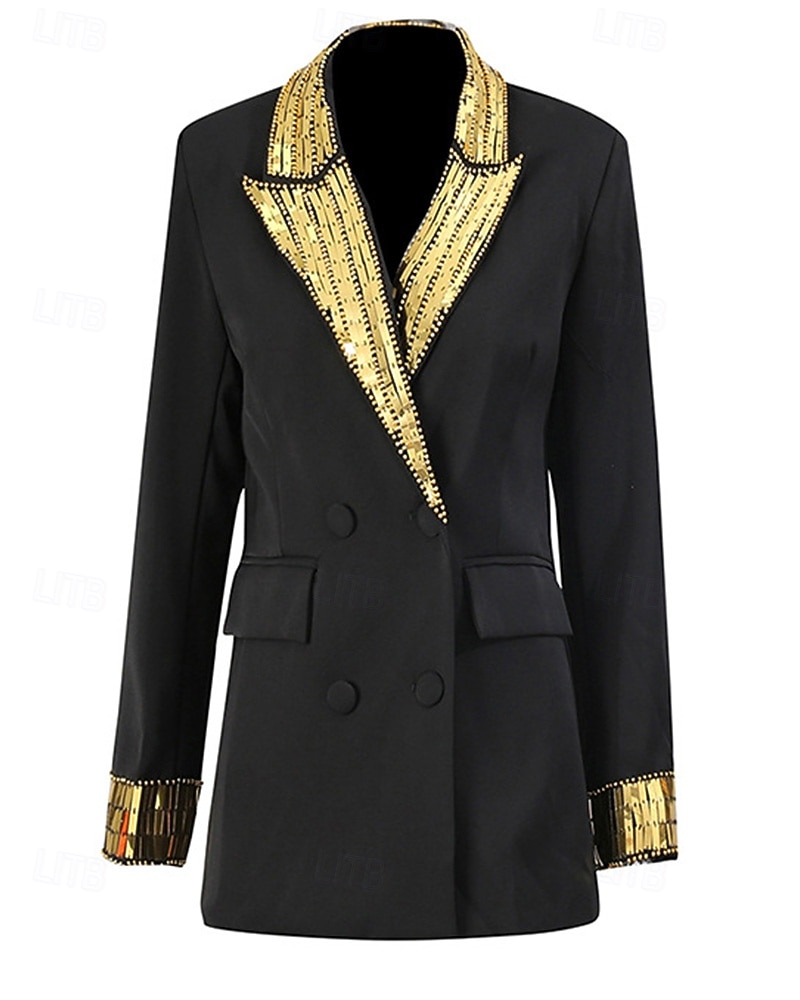 Blazer sur mesure pour femme, veste structurée à paillettes dorées, double boutonnage, formel, élégant, revers en pointe, poche à rabat, boutons recouverts uniquement sur le dessus de 2025 ? $124.99 –P2