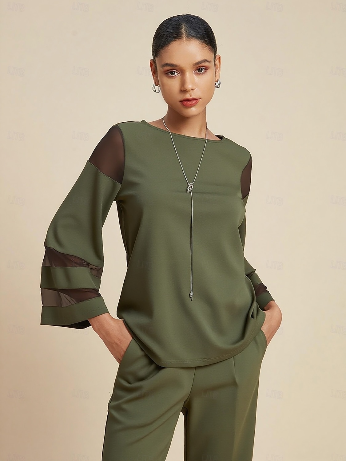 Damen-Army-Grün Tencel Roma Mesh-Ärmel Patchwork Rundhalsausschnitt Acht Ärmel kurze Bluse 2025 - $61.99 –P3