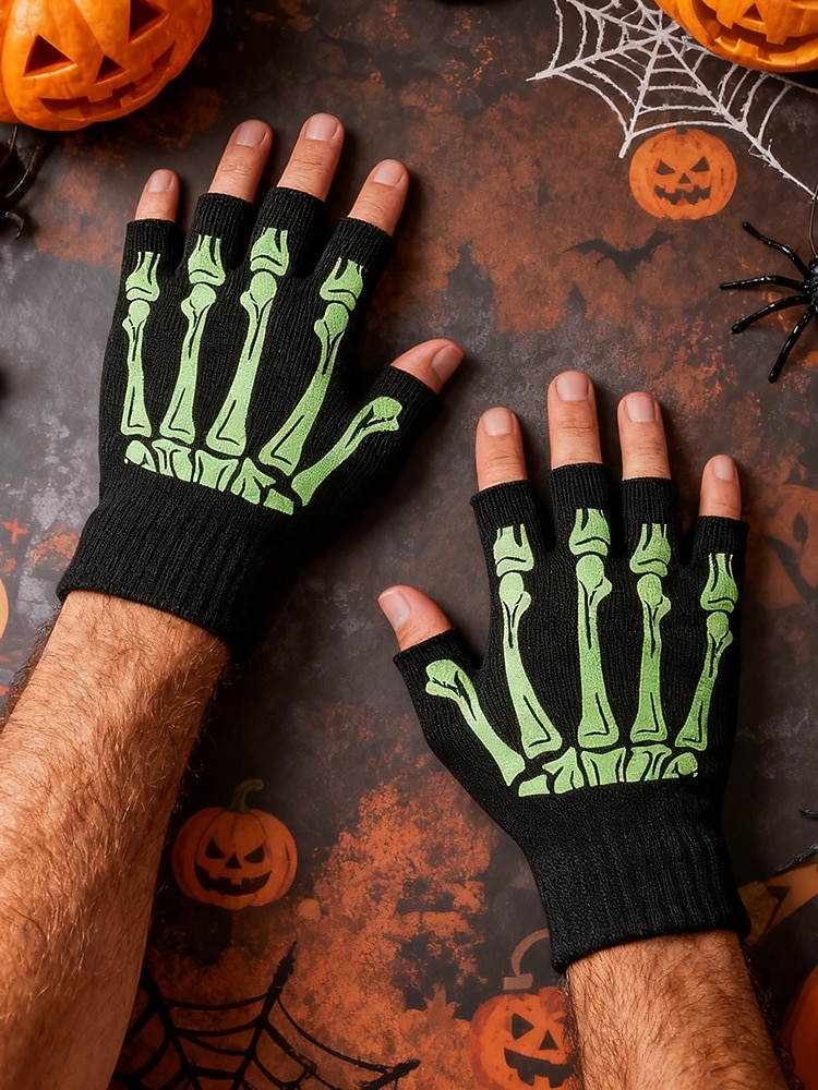 2025年 メンズハロウィンスケルトン指なし手袋 - 伸縮性のあるフリース素材の滑り止めニットミトン。コスプレ、パーティー、アウトドアウェアに最適。  コレクション – $7.99 –P1