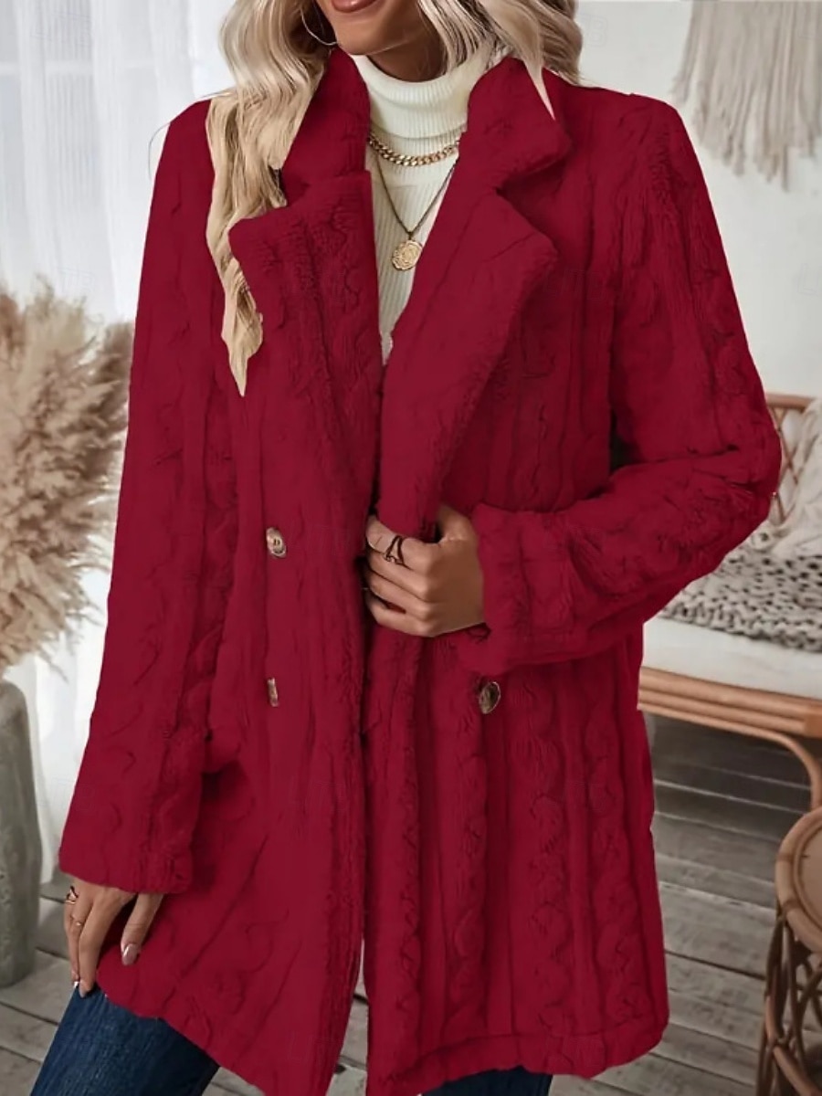 Dames Fleecejack Teddy jas Houd Warm Ademend Zak Met fleece gevoerd Casual Effen Vakantie Straat Casual Alledaagse kleding Dubbele rij knopen Lang Ingesneden revers Normale pasvorm Lange mouw 2025 - $44.99 –P13