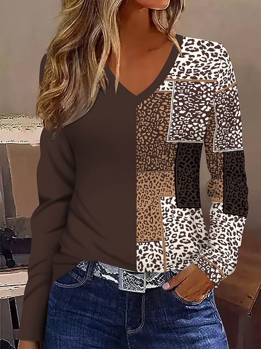 Mujer Camiseta Estampado Graphic Leopardo Geométrico Vintage Elegante Clásico Manga Larga Escote en Pico Tops regulares Diario Marrón Primavera Otoño Invierno 2026 - $24.99 –P1
