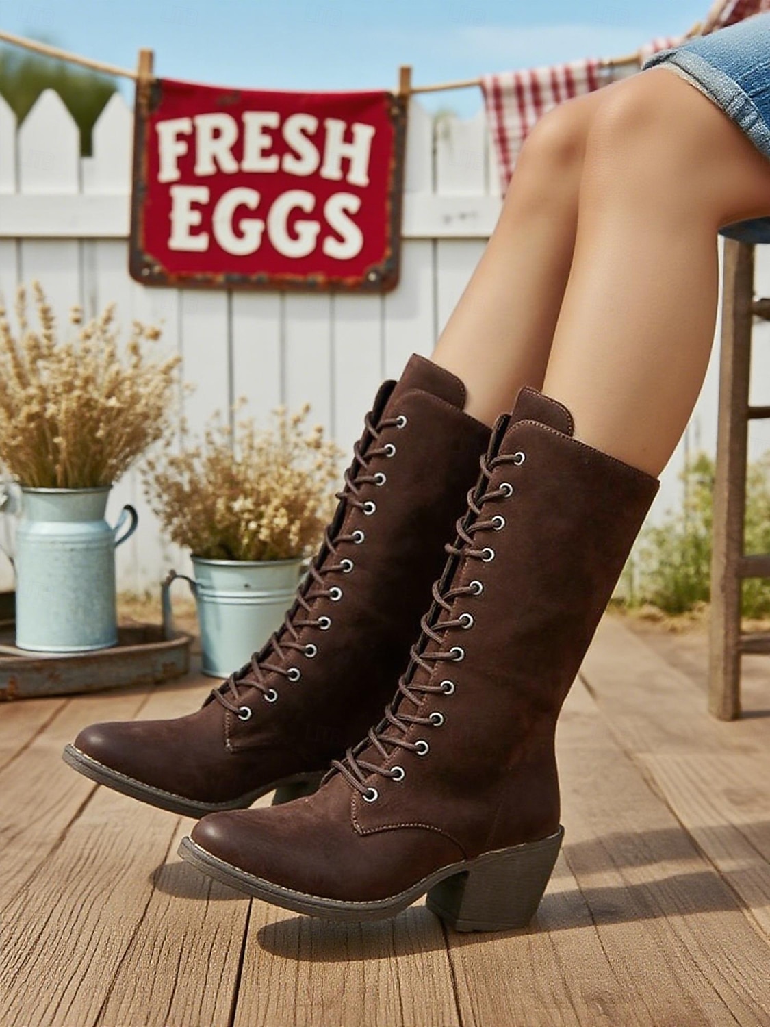 Botas femininas de cano médio em camurça sintética marrom escuro com salto grosso – botas estilo vintage para outono e inverno e uso diário de 2025 por $42.99 –P5