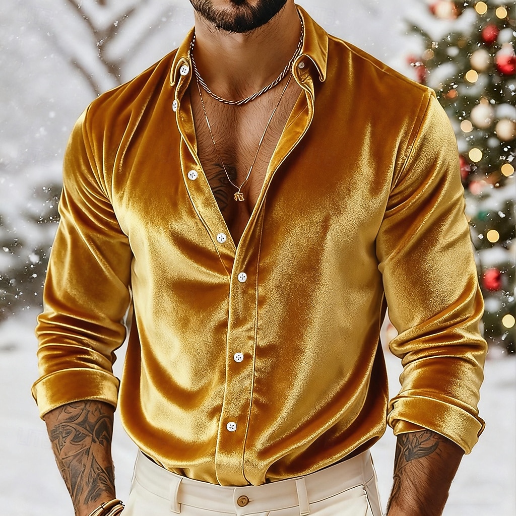 Miesten Paita Rento paita Joulupaita Samettipaita Viini Kuninkaallinen sininen Pitkähihainen Yhtenäinen väri Tavallinen Paitapuserokaula-aukko Karnevaali Joulu Napit Vaatetus Sametti Polyesteri Joulu 2026 - $25.99 –P7