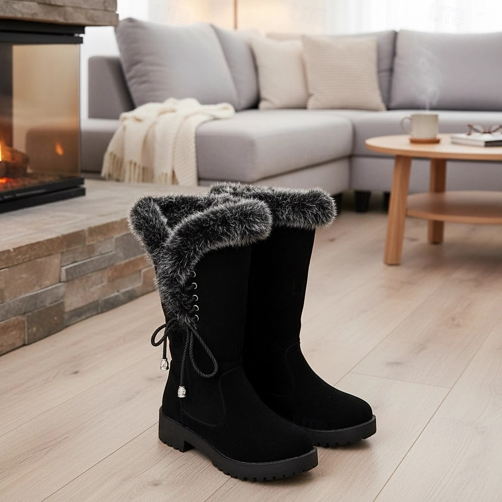 Жен. Ботинки Зимние сапоги Замшевые туфли Повседневные Однотонный На флисе Сапоги до середины икры Шнуровка На толстом каблуке Круглый носок Минимализм Нубук Искусственная замша Шнуровка 2025 - $59.99 –P2