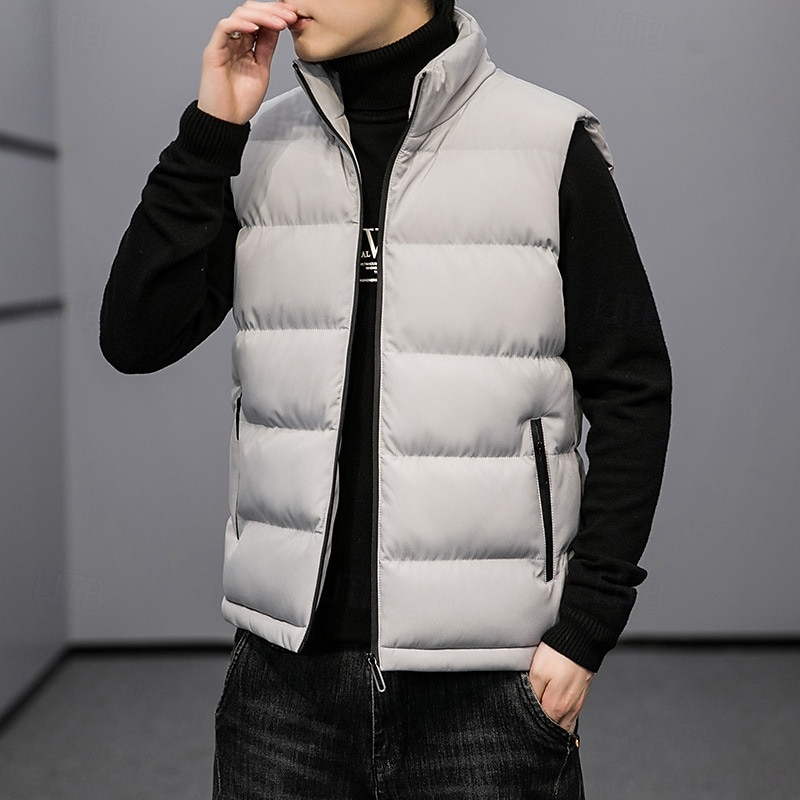 2026年 男性用 パファーベスト ベスト ジレ バケーション 日常 デート ファッション カジュアル 秋 冬 ポケット ポリエステル 保温 快適 純色 ジッパ－ スタンド レギュラー ブラック ルビーレッド ライトグレー ダークブルー ベスト  コレクション – $21.99 –P8