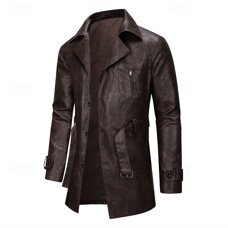 Herr Rock Trenchcoat Lång trenchcoat Semester Dagligen Vår Höst PU Läder Vindtät Ytterkläder Kläder Mode Klassisk Slät Ficka Kavajslag Enkelknäppt 2025 - $73.99 –P13