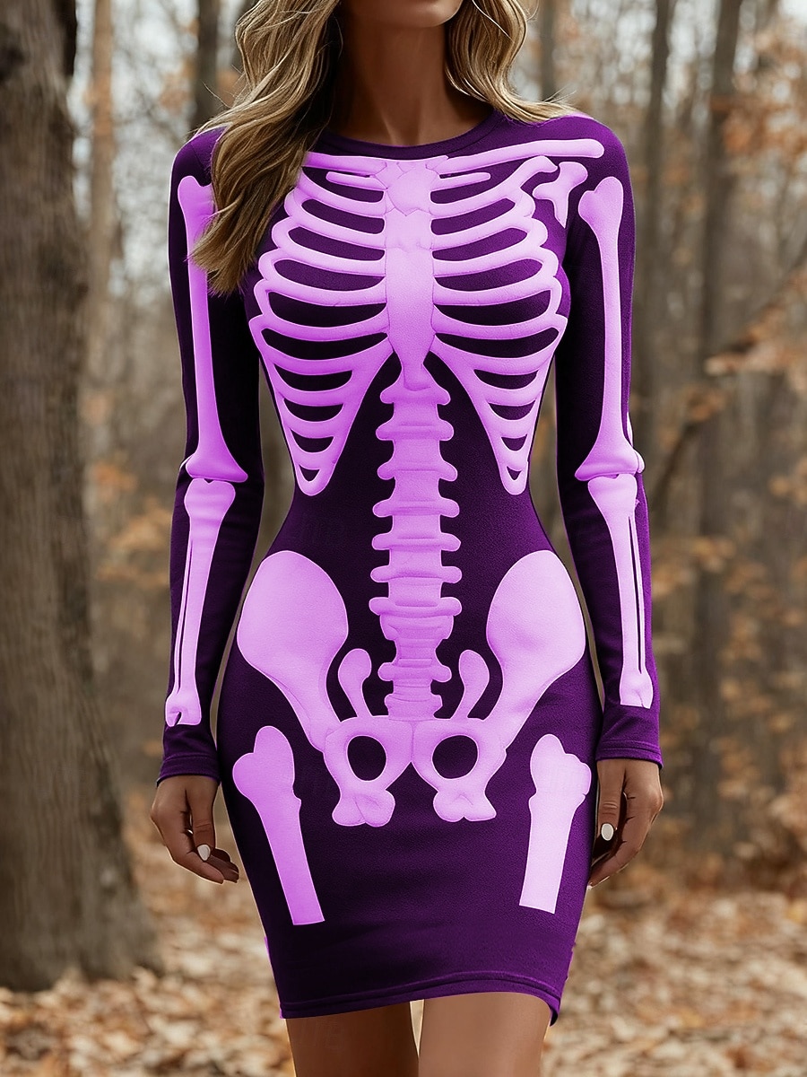 Women's Mini Dress T Shirt Dress Tee Dress Bodycon Dress Vacation Casual  Party Daily Slim Graphic Skull Long Sleeve Crew Neck White Red Purple Green  Spring Fall Winter 2026 - $26.99
