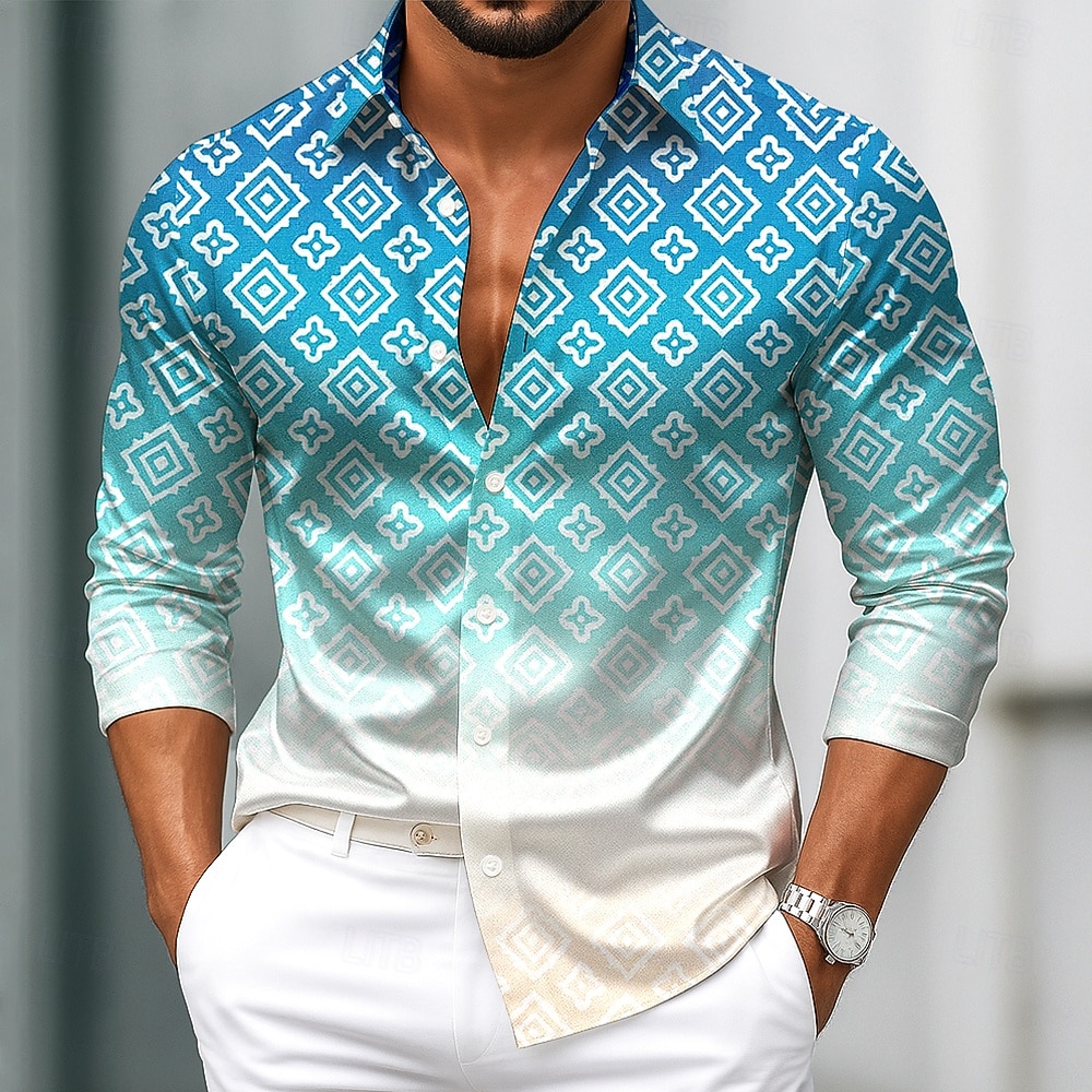 gradient dress shirt Black Purple Ombre Long Sleeve Men Button Up Shirt, Gradient Tie Dye Two Tone Print Buttoned Collar Casual Dress Chest Pocket Plus Size