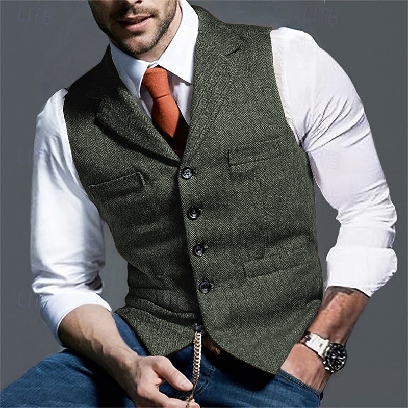 Herren Weste Gilet Urlaub Party Geschäft Mode Lässig Frühling Herbst Tasche Knöpfe Polyester Bequem Einfach Einreihig Ein-Knopf Revers Normale Passform Hellgrünkaffee Schwarz Grün Hellgrau Weste 2025 - $32.99 –P13
