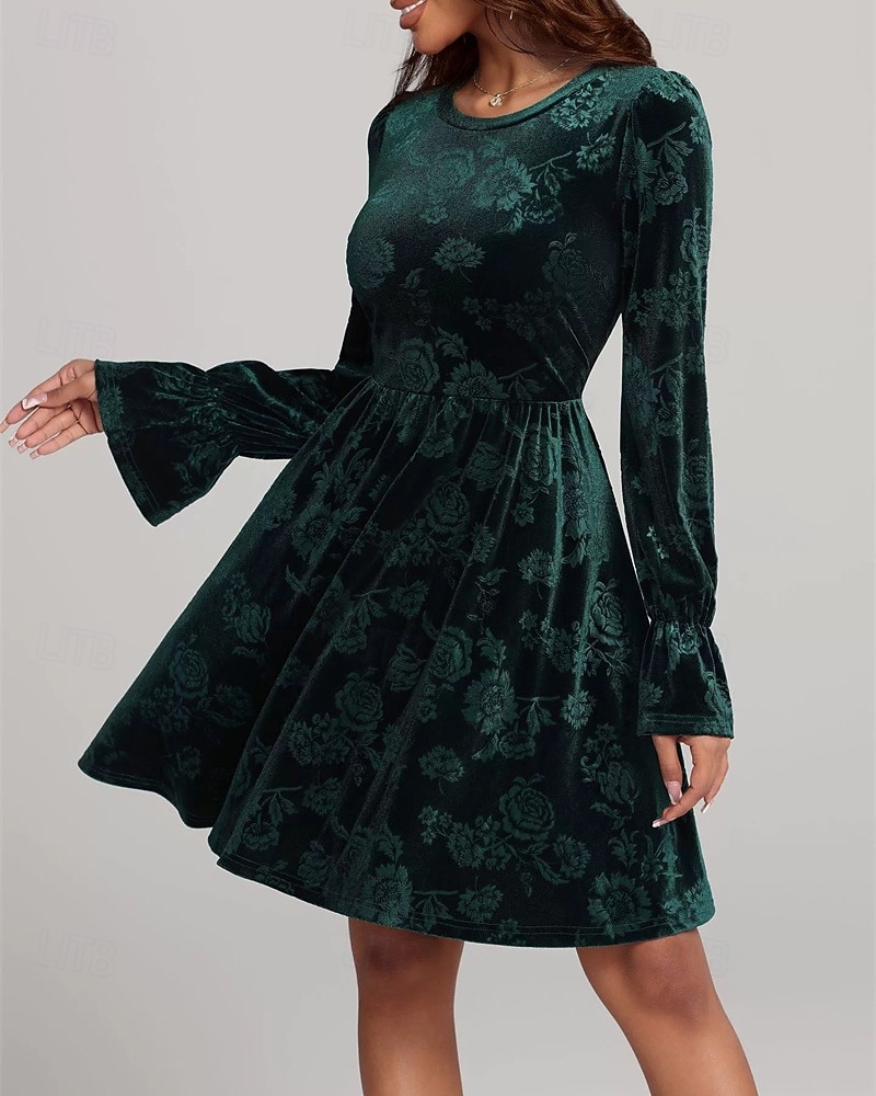 Per donna Abito Midi Abito in Velluto Abito da Cocktail Elegante Moda Moderno Quotidiano All'aperto Festa serale Vestibilità regolare Floreale Semplice Manica Lunga Girocollo Verde scuro Primavera del 2026 a $34.99 –P3