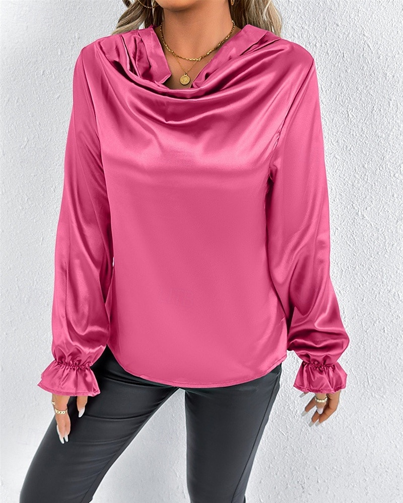 Жен. Рубашка Elegant Нарядный Атласный верх Драпировка Сплошной цвет Стиль На каждый день Длинный рукав Вырез-хомут Обычные топы Повседневные На выход Черный Розовый Зеленый Абрикосовый Весна Осень 2026 - $27.99 –P16