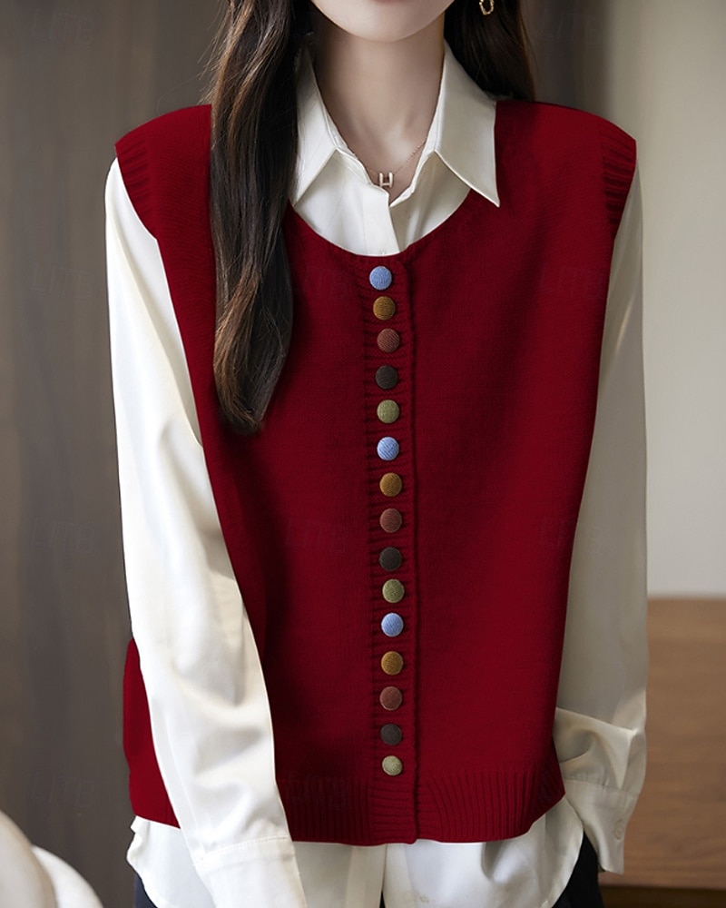 Women's Sweater Sweater Vest Streetwear Casual Solid Color Crew Neck Buttons Knitted Sleeveless Regular Tops Knit Daily Holiday Going out Black Red Fall Winter 2025 - $28.99 –P7