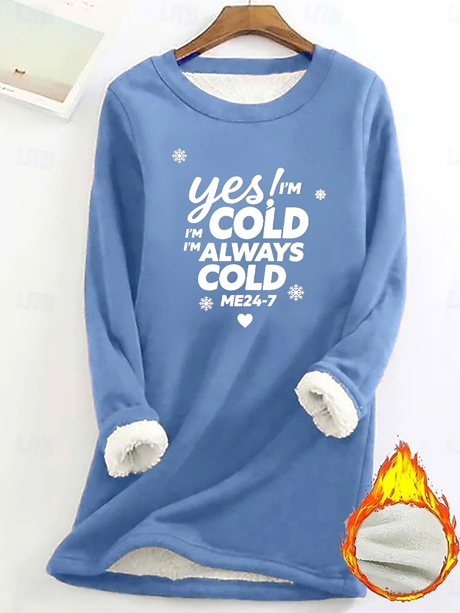 2025年 レディース プルオーバー スウェットシャツ yes im cold グラフィック レター 暖かい カジュアル ふわふわ 長袖 クルーネック ラウンドネック ロング トップス ストリート カジュアル ライトピンク ブラック ダークピンク ブルー 春 秋 冬  コレクション – $23.99 –P5