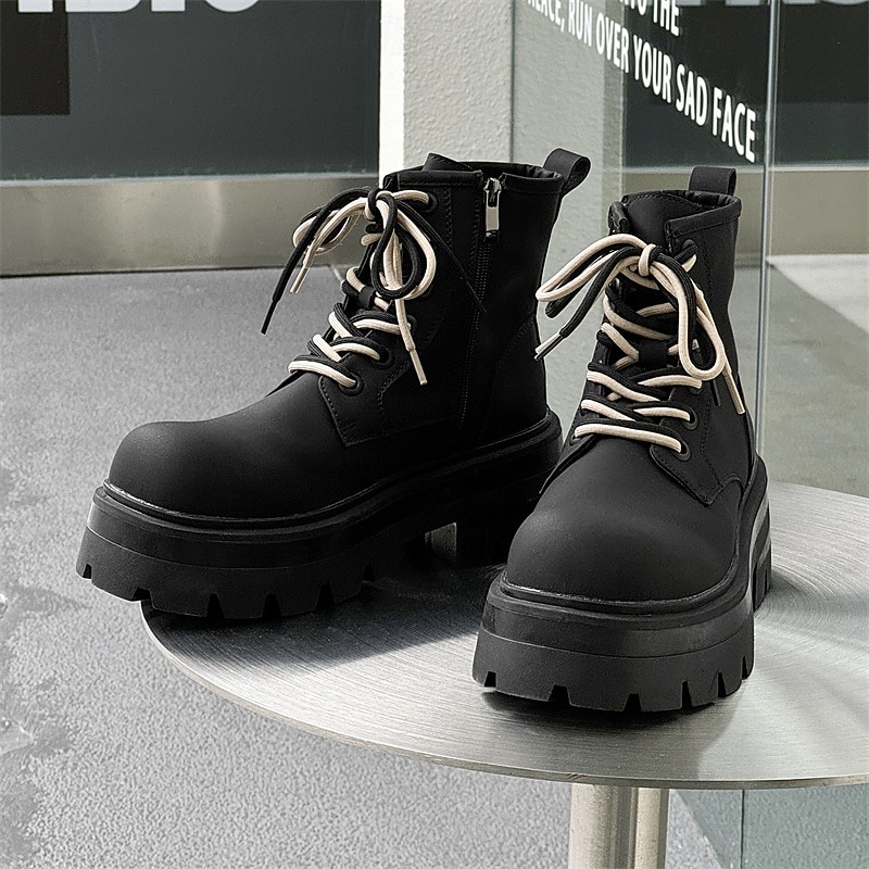 Homme Bottes Bottes de Travail Marche ancien Quotidien PU Augmentation de la hauteur Confortable Bottes Mi-Mollet À lacets Noir Automne Hiver de 2026 ? $79.99 –P11
