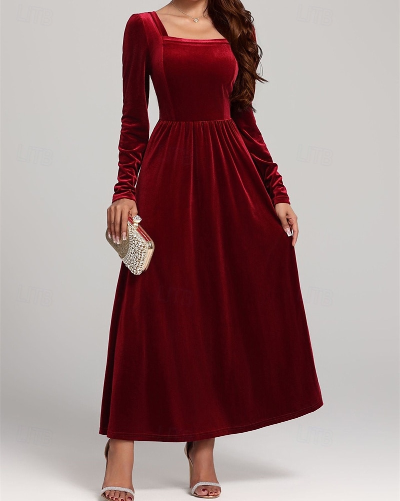 Női Midi ruha Karácsonyi ruha Bársony ruha Koktélruha Elegáns Divat Modern Napi Szabadtéri Estély Normál Sima Hosszú ujj Szögletes Fekete Rubin Bíbor Lóhere Tavasz Ősz 2026 - $35.99 –P1