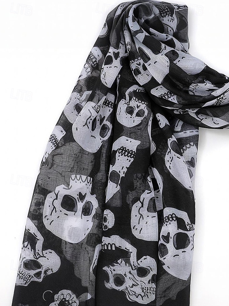 Dámský halloweenský šátek s potiskem lebky – lehký gotický šátek na kostýmní párty, cosplay a podzimní outfity 2025 - $14.99 –P6