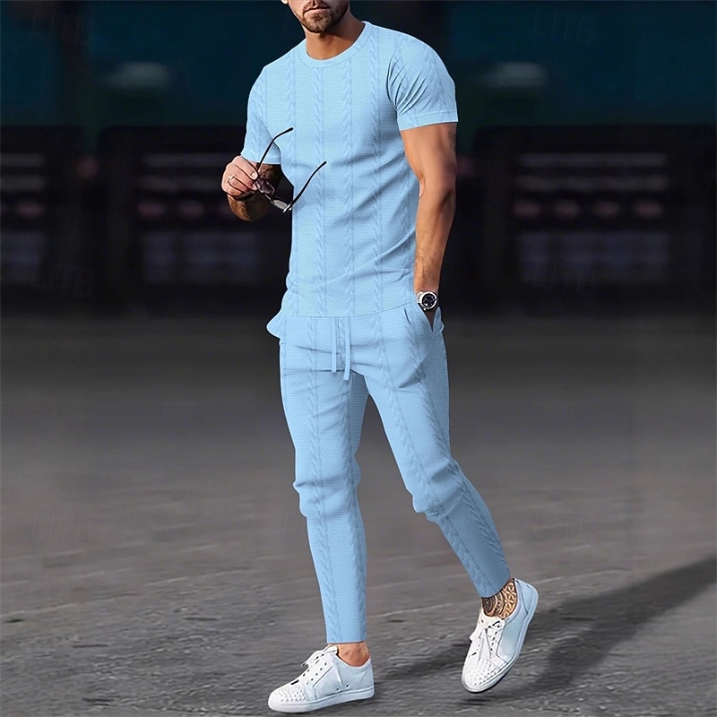 Bărbați Costume de tricou Seturi de cămașă și pantaloni tinute 2 piese Manșon scurt Crewneck Vară Primăvară Simplu Modă Casual Jacquard 2 bucăți Vacanță Purtare Zilnică Ieșire Negru Alb Kaki Top 2026 - $34.99 –P13