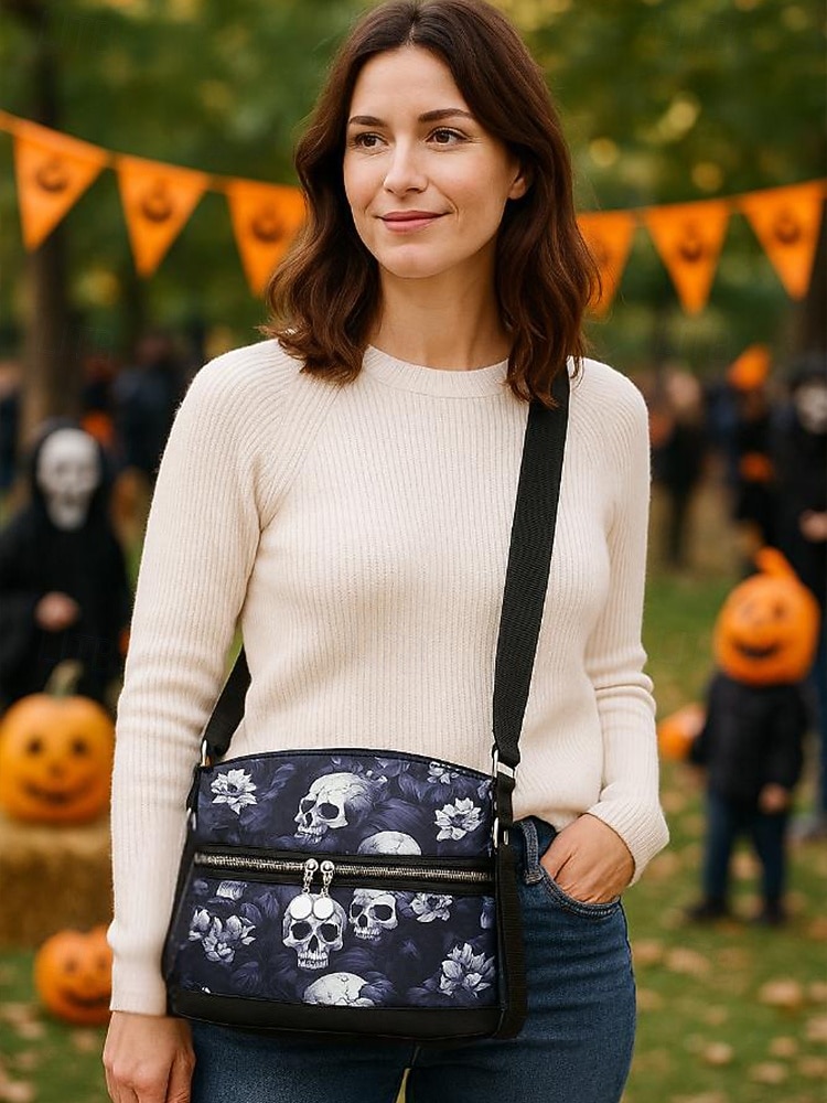 Borsa a tracolla da donna con stampa teschio – motivo floreale gotico, borsa casual in similpelle per feste di Halloween e uso quotidiano del 2025 a $18.99 –P1