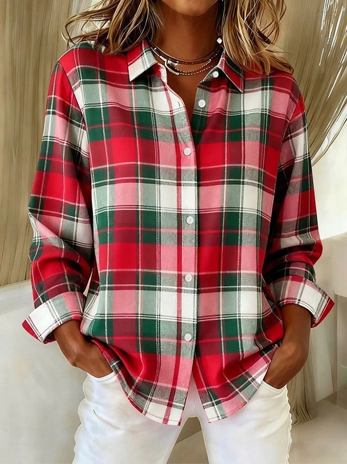 Γυναικεία Πουκάμισο Μπλούζα Κουρελού Κουμπιά Στάμπα Καρό Καθημερινό Μακρυμάνικο Κολάρο Πουκαμίσου Κανονικά μπλουζάκια Καθημερινά Θαλασσί Πράσινο Ανοικτό Ανθισμένο Ροζ Ρουμπίνι Πορτοκαλί 2026 - $32.99 –P3