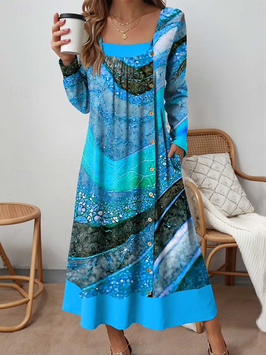 Femmes Robe Midi Robe fourreau Occasionnel Quotidien Coupe régulière Graphique Abstrait manche longue Col carré Jaune Bleu Violet Vert Automne Hiver de 2025 ? $36.99 –P3