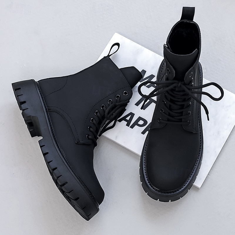 Svarte herrestøvler med snøring og glidelås på siden til kamp, slitesterkt kunstskinn, militærinspirert stil for utendørs-, arbeids- og streetwear-mote 2025 - $59.99 –P16