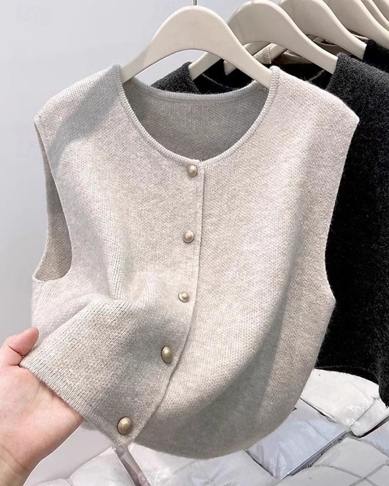 Pentru femei Pulover Vestă pulover Șic Stradă Casual Culoare solidă Stil Nautic Nasturi Tricotat Fără manșon Topuri obișnuite Tricotat Zilnic Concediu Sfârșit de săptămână Negru Caisă Toamnă Iarnă 2026 - $27.99 –P1