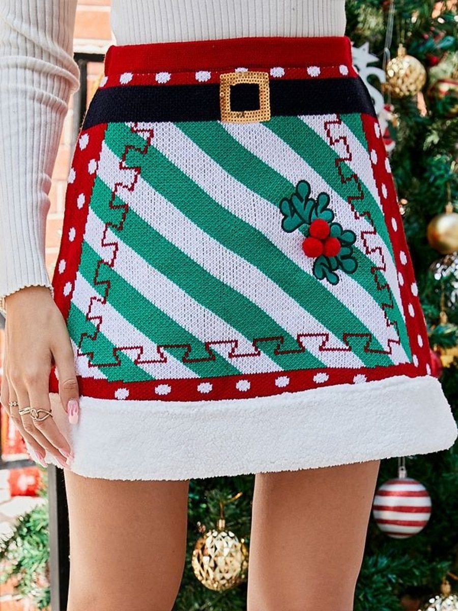 Damen Rock A-Linie Mode Lässig Mini Hohe Taille Röcke Grafik Stricken Mikroelastisch Weihnachten Straße Rote Frühling Gestrickt Polyester 2025 - $30.99 –P5