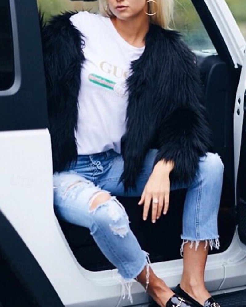 Damen Kunstpelzmantel Warm Bequem Pelze & Leder Mode Einfach Urlaub Straße Ausgehen Wochenende Regulär Rundhalsausschnitt Normale Passform Langarm Oberbekleidung Schwarz Weiß Rosa Herbst Winter 2025 - $39.99 –P8